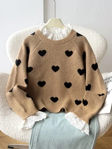SHEIN 少女秋/冬休閒保暖內裡加厚拼接刺繡蕾絲飾邊雙色愛心提花棕色寬鬆落肩長袖套頭毛衣 - 駝色 - 查看 2