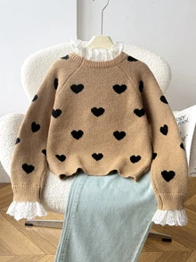 SHEIN 少女秋/冬休閒保暖內裡加厚拼接刺繡蕾絲飾邊雙色愛心提花棕色寬鬆落肩長袖套頭毛衣 - 駝色 - 查看 5