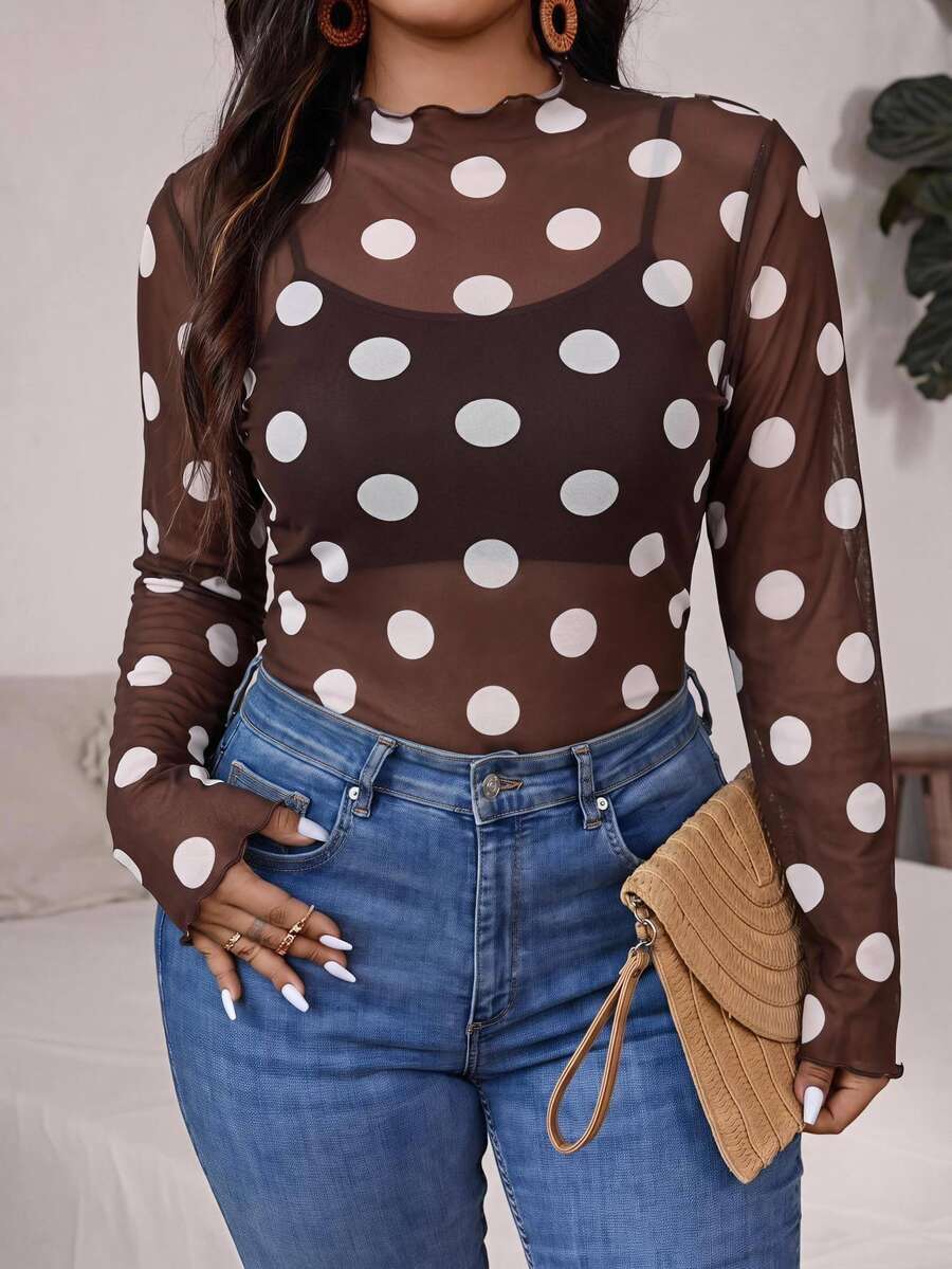 SHEIN VCAY Plus Size Women's Printed Top, Fitted Long Sleeve Mesh Top Polka Dot Top Autumn Going Out Tops Country - Multicolor - View 1