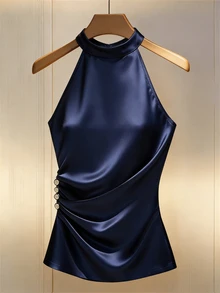 Franclia 女士优雅露背侧扣腰上衣，休闲百搭深蓝色上衣，藏蓝色优雅缎面高领上衣，侧边褶皱无袖纽扣缎面露背上衣，藏蓝色无袖上衣，女士优雅高贵正式服装连衣裙，女士晚宴礼服，女士正式服装，惊艳连衣裙，女士露背上衣，高品质上衣，褶皱细节上衣，缎面派对上衣，优雅女士上衣 - 藏蓝色 - 查看 8