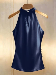 Franclia 女士优雅露背侧扣腰上衣，休闲百搭深蓝色上衣，藏蓝色优雅缎面高领上衣，侧边褶皱无袖纽扣缎面露背上衣，藏蓝色无袖上衣，女士优雅高贵正式服装连衣裙，女士晚宴礼服，女士正式服装，惊艳连衣裙，女士露背上衣，高品质上衣，褶皱细节上衣，缎面派对上衣，优雅女士上衣 - 藏蓝色 - 查看 2