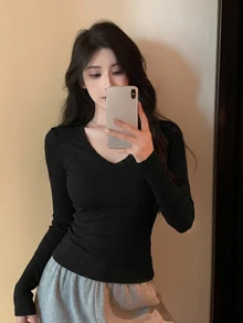 DAZY Camiseta de cuello en V sólido, ropa de otoño para mujer con manga larga - Negro - Ver 2