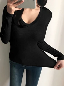 DAZY Camiseta de cuello en V sólido, ropa de otoño para mujer con manga larga - Negro - Ver 7