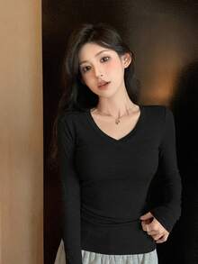 DAZY Camiseta de cuello en V sólido, ropa de otoño para mujer con manga larga - Negro - Ver 4