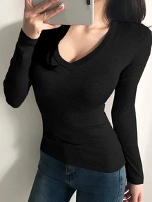 DAZY Camiseta de cuello en V sólido, ropa de otoño para mujer con manga larga - Negro - Ver 6