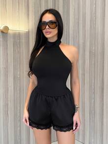 Shopreo Elasticated Satin Pull On Lace Trim Shorts Cute Summer Vacation Boho Summer Cute Fall, Autumn Winter - Black - View 3