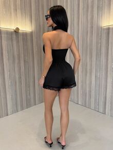 Shopreo Elasticated Satin Pull On Lace Trim Shorts Cute Summer Vacation Boho Summer Cute Fall, Autumn Winter - Black - View 2