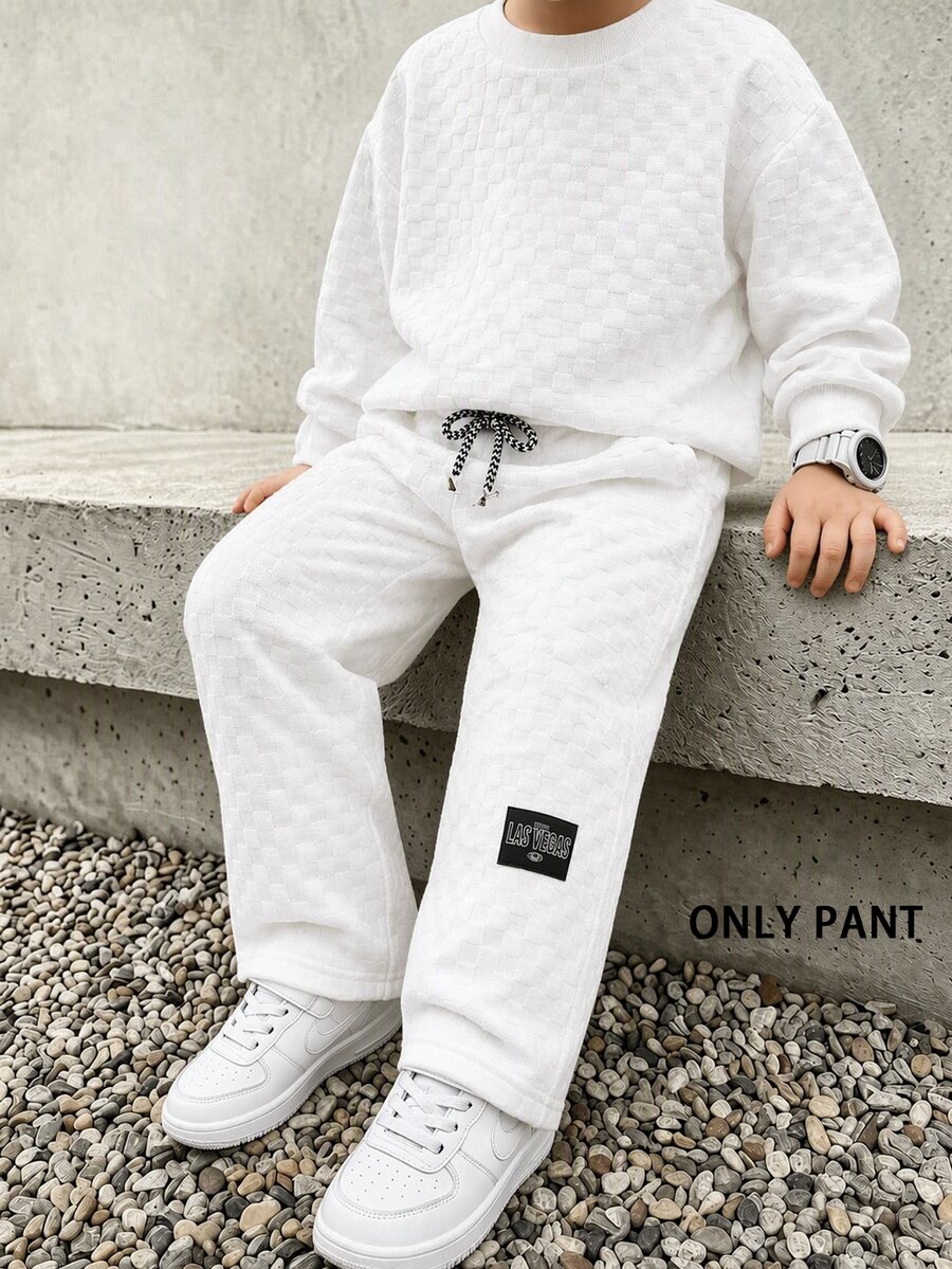 SHEIN 1pc Young Boy Casual Sports Cute Daily Comfortable Street Style Versatile White Checkerboard Straight Leg Pants For School Spring Summer Fall Swim - White - View 1