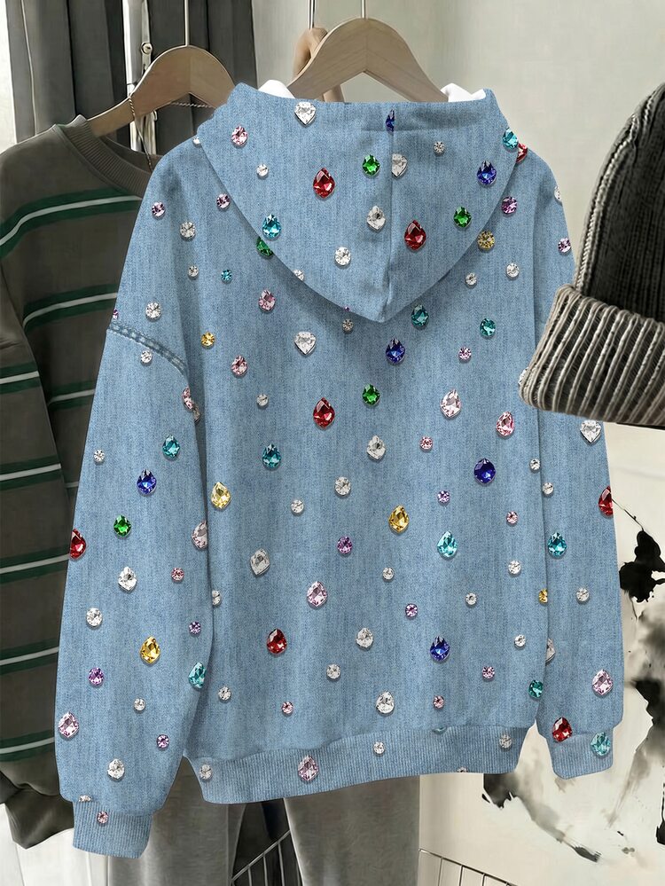 Tween Girl Colorful Rhinestone Decorated Hooded Casual Daily Long Sleeve Autumn Winter Sweatshirt - Blue - View 6