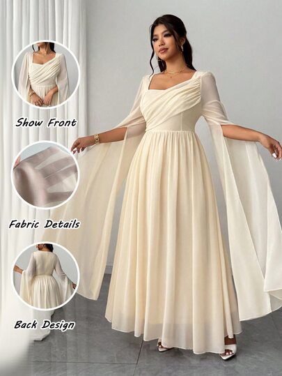 Elenzga Plus Size Women Elegant Chiffon White Long Dress,Autumn French Square Collar Flowy Long Sleeve A-Line Bachelorette Party,Wedding Guest,Party Fall