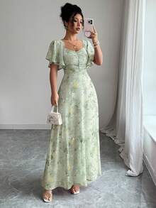 Modelyn 女士雪纺蝴蝶印花蝙蝠袖褶皱甜美法式夏季连衣裙 - 綠色 - 查看 7