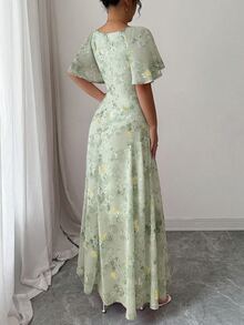 Modelyn 女士雪纺蝴蝶印花蝙蝠袖褶皱甜美法式夏季连衣裙 - 綠色 - 查看 2