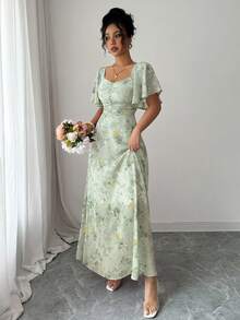 Modelyn 女士雪纺蝴蝶印花蝙蝠袖褶皱甜美法式夏季连衣裙 - 綠色 - 查看 3