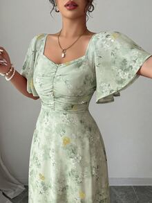 Modelyn 女士雪纺蝴蝶印花蝙蝠袖褶皱甜美法式夏季连衣裙 - 綠色 - 查看 4