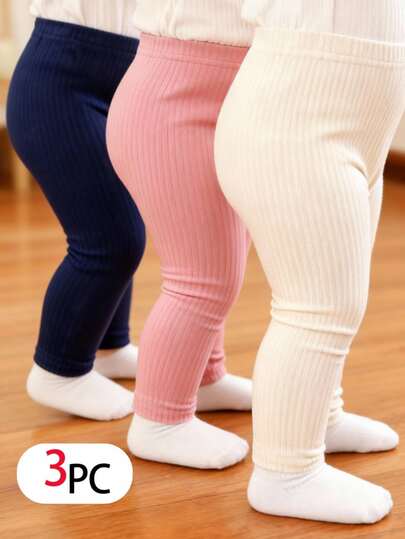 SHEIN Playful Pals 3件組女嬰3個月-3歲純色燈芯絨針織內搭褲，極簡風，鬆緊腰，全長，輕量百搭，秋冬休閒穿搭