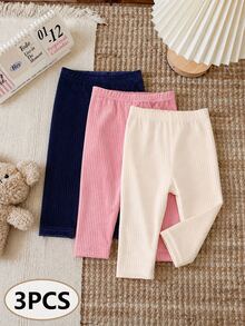 SHEIN Playful Pals 3件組女嬰3個月-3歲純色燈芯絨針織內搭褲，極簡風，鬆緊腰，全長，輕量百搭，秋冬休閒穿搭 - 彩色 - 查看 4