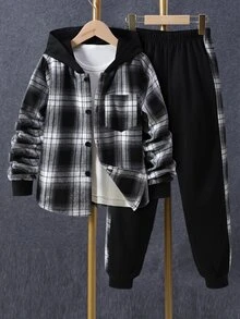 SHEIN Vacaura Tween Boys Plaid Hooded Shacket & Sweatpants 2-Piece Set Colorblock Long Sleeve Plaid Shirt Joggers Outfits - Black and White - View 1