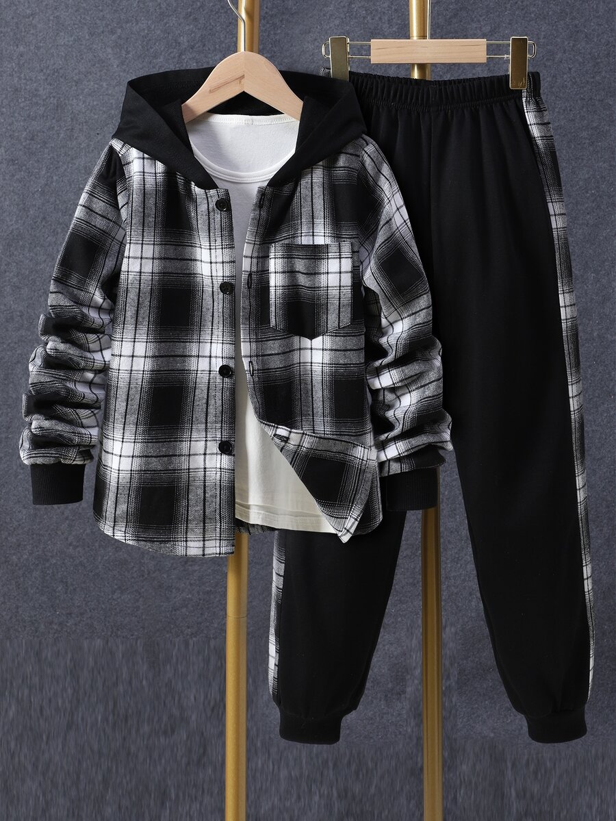SHEIN Vacaura Tween Boys Plaid Hooded Shacket & Sweatpants 2-Piece Set Colorblock Long Sleeve Plaid Shirt Joggers Outfits - Black and White - View 1