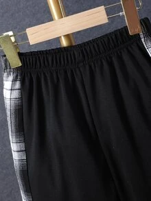 SHEIN Vacaura Tween Boys Plaid Hooded Shacket & Sweatpants 2-Piece Set Colorblock Long Sleeve Plaid Shirt Joggers Outfits - Black and White - View 4