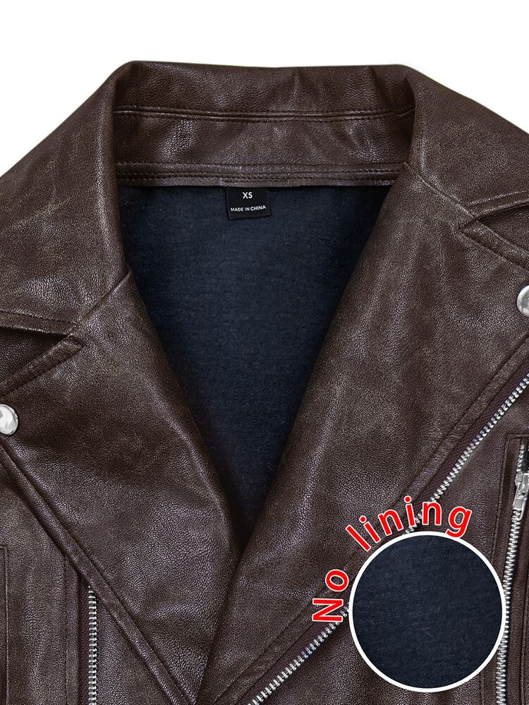 BamGleam Women's Vintage Leather Short Jacket With Large Collar, Zipper And Belt - Coffee Brown - View 8