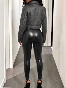 BamGleam Women's Retro Collar Zipper Waist Belt Leather Short Jacket Fall Winter Cloth For Women - Dark Grey - View 3