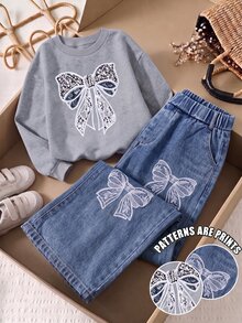 SHEIN 青少年女孩 T-Shirt 套裝，女孩最新灰色休閒寬鬆蝴蝶結印花運動衫與寬鬆蝴蝶結印花直筒長褲，秋冬款，長袖，領口，褲子 - 彩色 - 查看 4