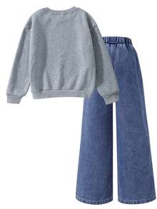 SHEIN 青少年女孩 T-Shirt 套裝，女孩最新灰色休閒寬鬆蝴蝶結印花運動衫與寬鬆蝴蝶結印花直筒長褲，秋冬款，長袖，領口，褲子 - 彩色 - 查看 2