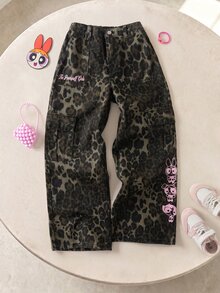 THE POWERPUFF GIRLS X SHEIN Quần jeans túi hộp họa tiết hoạt hình in da báo cho bé gái tuổi teen - Màu Khaki - Xem 10