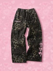 THE POWERPUFF GIRLS X SHEIN Quần jeans túi hộp họa tiết hoạt hình in da báo cho bé gái tuổi teen - Màu Khaki - Xem 1