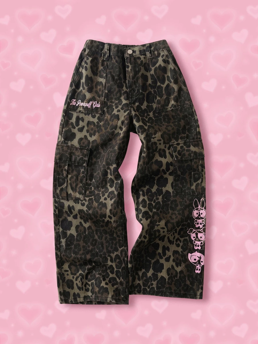 THE POWERPUFF GIRLS X SHEIN Quần jeans túi hộp họa tiết hoạt hình in da báo cho bé gái tuổi teen - Màu Khaki - Xem 1