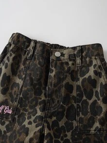 THE POWERPUFF GIRLS X SHEIN Quần jeans túi hộp họa tiết hoạt hình in da báo cho bé gái tuổi teen - Màu Khaki - Xem 4