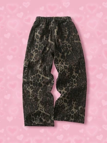 THE POWERPUFF GIRLS X SHEIN Quần jeans túi hộp họa tiết hoạt hình in da báo cho bé gái tuổi teen - Màu Khaki - Xem 2