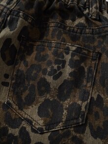 THE POWERPUFF GIRLS X SHEIN Quần jeans túi hộp họa tiết hoạt hình in da báo cho bé gái tuổi teen - Màu Khaki - Xem 8