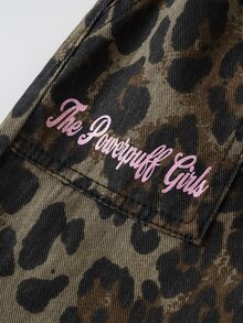 THE POWERPUFF GIRLS X SHEIN Quần jeans túi hộp họa tiết hoạt hình in da báo cho bé gái tuổi teen - Màu Khaki - Xem 5