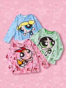 THE POWERPUFF GIRLS X SHEIN Tween Girl 3pcs Cute Cartoon Pattern Loose Fit Dropped Shoulder Long Sleeve Knit T-Shirts In Pink, Blue, Green Cartoon Shirts For Tween Girl Power Puff Pjs - Multicolor - View 1