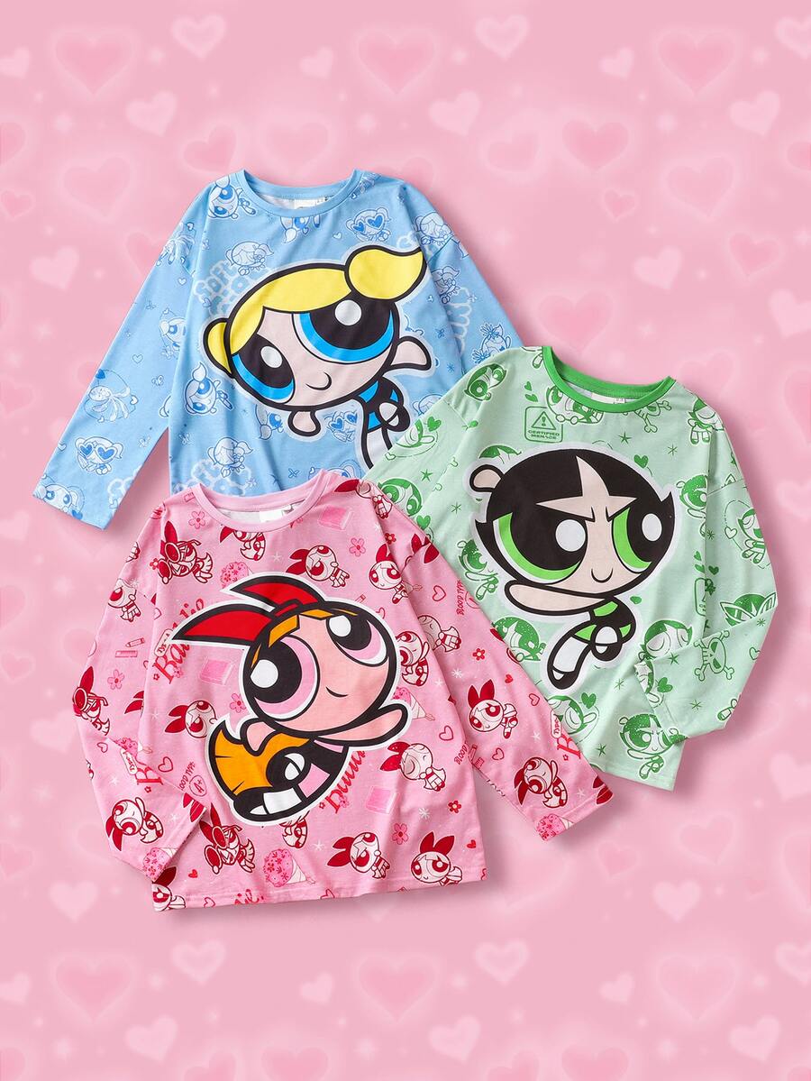 THE POWERPUFF GIRLS X SHEIN Tween Girl 3pcs Cute Cartoon Pattern Loose Fit Dropped Shoulder Long Sleeve Knit T-Shirts In Pink, Blue, Green Cartoon Shirts For Tween Girl Power Puff Pjs - Multicolor - View 1