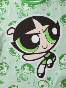 THE POWERPUFF GIRLS X SHEIN Tween Girl 3pcs Cute Cartoon Pattern Loose Fit Dropped Shoulder Long Sleeve Knit T-Shirts In Pink, Blue, Green Cartoon Shirts For Tween Girl Power Puff Pjs - Multicolor - View 5