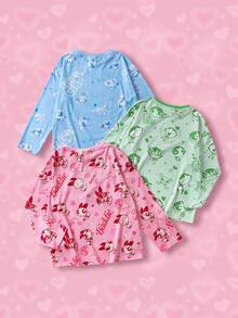 THE POWERPUFF GIRLS X SHEIN Tween Girl 3pcs Cute Cartoon Pattern Loose Fit Dropped Shoulder Long Sleeve Knit T-Shirts In Pink, Blue, Green Cartoon Shirts For Tween Girl Power Puff Pjs - Multicolor - View 2