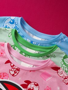 THE POWERPUFF GIRLS X SHEIN Tween Girl 3pcs Cute Cartoon Pattern Loose Fit Dropped Shoulder Long Sleeve Knit T-Shirts In Pink, Blue, Green Cartoon Shirts For Tween Girl Power Puff Pjs - Multicolor - View 3