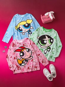 THE POWERPUFF GIRLS X SHEIN Tween Girl 3pcs Cute Cartoon Pattern Loose Fit Dropped Shoulder Long Sleeve Knit T-Shirts In Pink, Blue, Green Cartoon Shirts For Tween Girl Power Puff Pjs - Multicolor - View 8