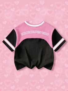 THE POWERPUFF GIRLS X SHEIN 女嬰字母卡通印花休閒日常短袖上衣 - 黑色 - 查看 2