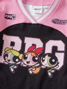 THE POWERPUFF GIRLS X SHEIN 女嬰字母卡通印花休閒日常短袖上衣 - 黑色 - 查看 5