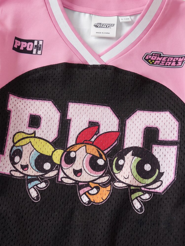 THE POWERPUFF GIRLS X SHEIN Baby Girl Letter Cartoon Print Casual Daily Short Sleeve Top - Black - View 5