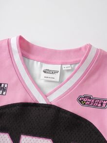 THE POWERPUFF GIRLS X SHEIN 女嬰字母卡通印花休閒日常短袖上衣 - 黑色 - 查看 4