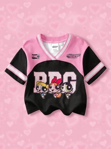 THE POWERPUFF GIRLS X SHEIN 女嬰字母卡通印花休閒日常短袖上衣 - 黑色 - 查看 1