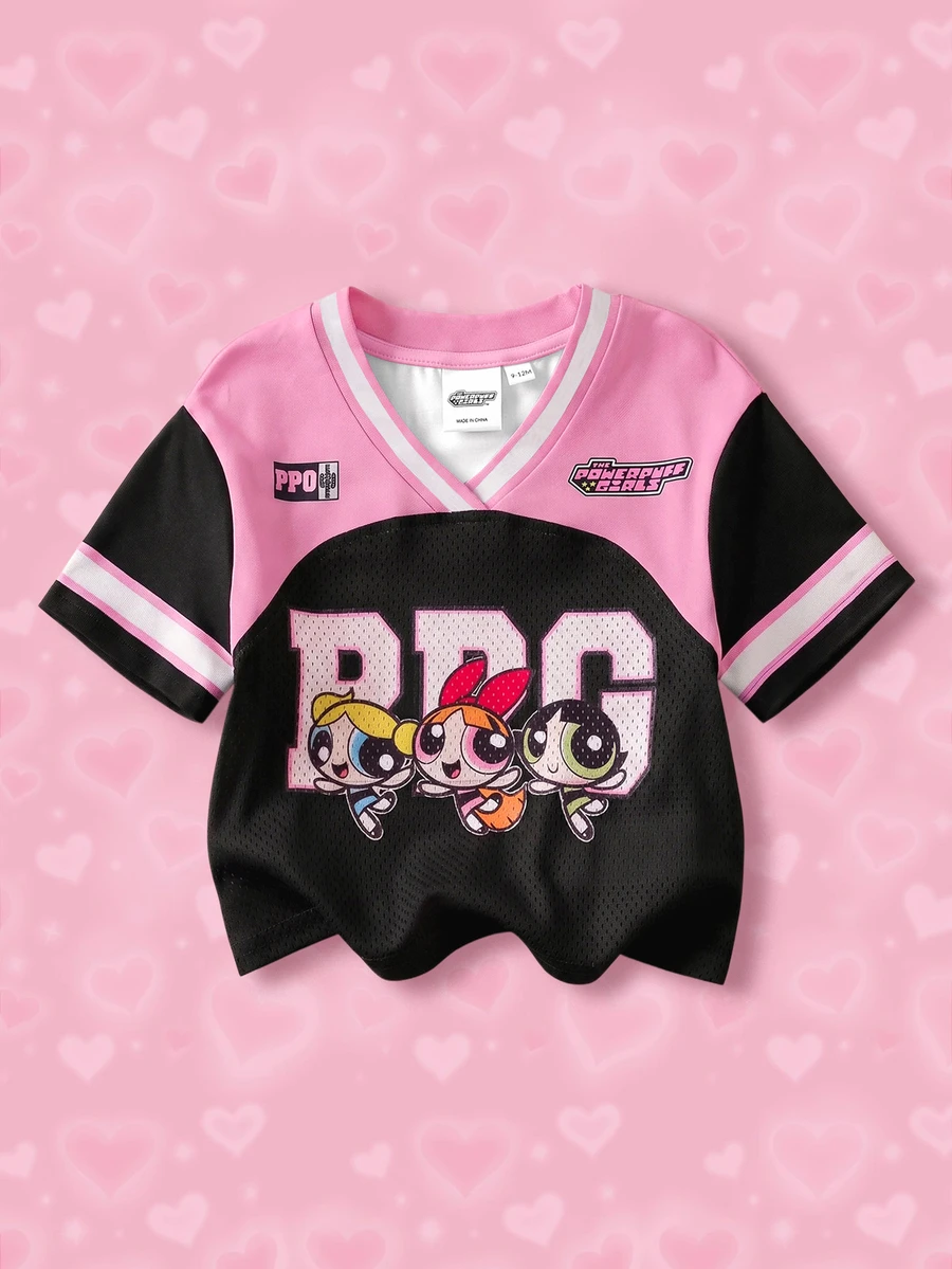 THE POWERPUFF GIRLS X SHEIN 女嬰字母卡通印花休閒日常短袖上衣 - 黑色 - 查看 1