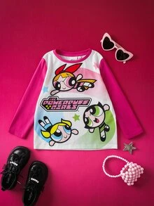 THE POWERPUFF GIRLS X SHEIN 小女孩可爱卡通花朵、泡泡、毛茛图案圆领长袖针织T恤 - 彩色 - 查看 3