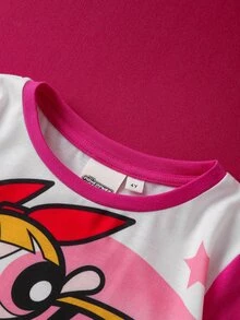 THE POWERPUFF GIRLS X SHEIN 小女孩可爱卡通花朵、泡泡、毛茛图案圆领长袖针织T恤 - 彩色 - 查看 4