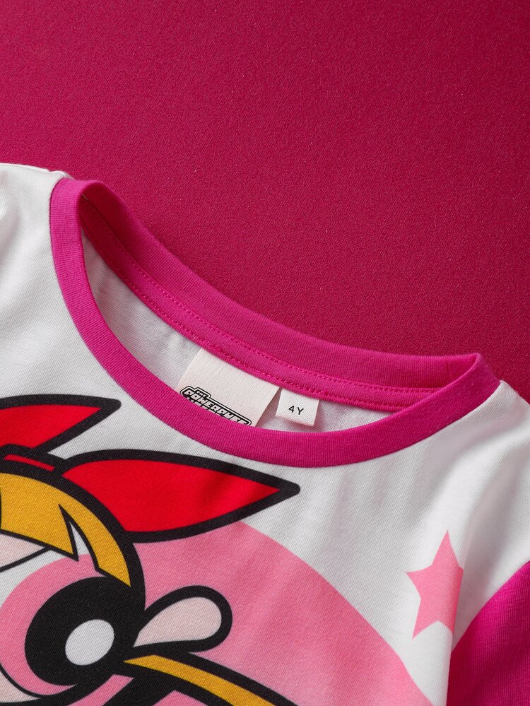 THE POWERPUFF GIRLS X SHEIN 小女孩可爱卡通花朵、泡泡、毛茛图案圆领长袖针织T恤 - 彩色 - 查看 4