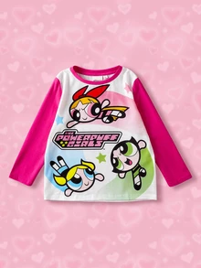 THE POWERPUFF GIRLS X SHEIN 小女孩可爱卡通花朵、泡泡、毛茛图案圆领长袖针织T恤 - 彩色 - 查看 1